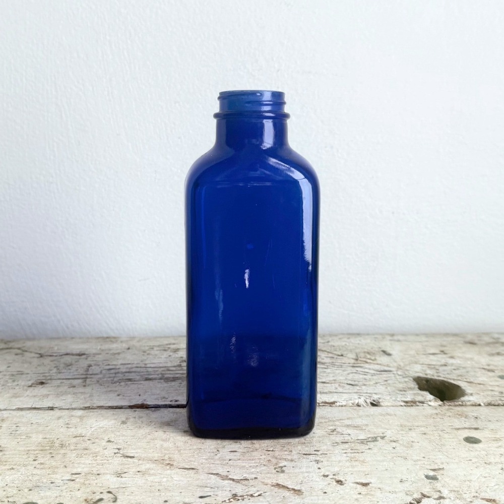 Vintage Cobalt Blue Glass Apothecary Bottle Rectangular Bud Vase 7"